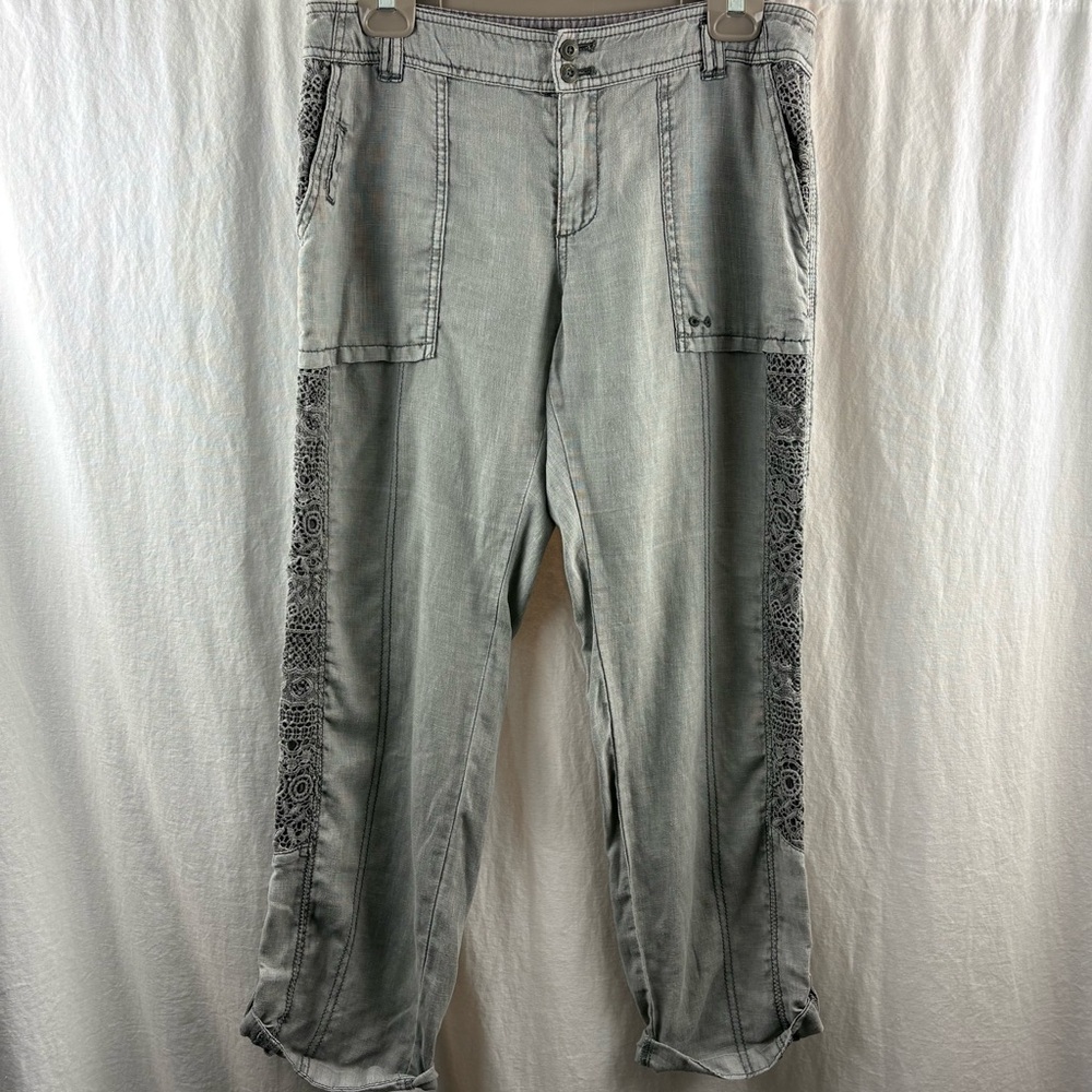 Anthropologie Hei Hei Embroidered Crochet Linen Cropped Marlena Trousers Pants